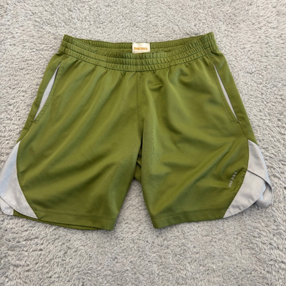 Diesel Mens Athletic Shorts Olive Green Mesh Panel Elastic Waist Size S